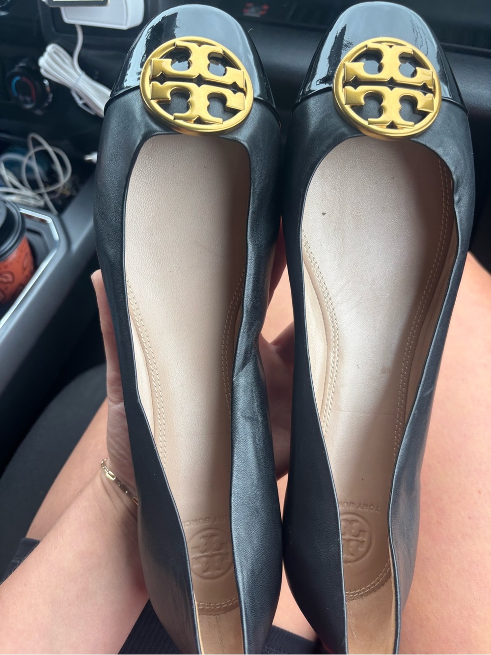 Tory Burch Black Leather Ballet Flats with Gold Logo